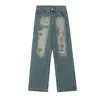 Jeans Amarelos Desgastados High Street Tingidos com Lama Rasgados para Homens, Marca Americana Trendy Retrô Soltos Retos Drapeados Slim