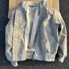 Jaqueta de Couro Tie-Dye Retrô Americana para Homens, Casaco Curto de Lã de Cordeiro Quente para Outono e Inverno com Algodão Adicionado e Gola Alta Espessada