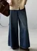 Jeans Holgados de Pierna Ancha Azul Oscuro para Mujer en Primavera y Otoño Estilo Retro Americano Sueltos Adelgazantes Pantalones Rectos de Pierna Ancha