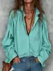 Camisa Casual Curta Feminina 2026 Transfronteiriça Azul Claro Gola Reversível de Botão Único com Pregas nos Ombros e Mangas Longas Bufantes Elásticas