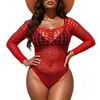 Lingerie sexy com jacquard em forma de coração, emendas em rede, recorte no busto, biquíni de peça única com mangas, traje de rede transparente sedutor atacado