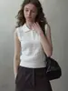 Chaleco de punto blanco calado con cuello polo estilo francés para mujer, prenda exterior de verano, top fino elegante sin mangas de seda helada