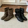 Botas Vaqueras Occidentales para Mujer 2026 Nuevas Botas de Verano Retro Piel Melanina Hebilla Tacón Grueso Fruncidas Apiladas Botines