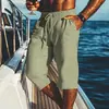 2025 Novos Calções Capri Masculinos Linho Verão Praia Bolsos Cordão Cintura Elástica Cor Sólida Xadrez Respirável