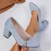 2026 Novo Modelo Suede Azul Bico Fino Salto Bloco Salto Alto Boca Rasa Sapatos de Trabalho Estilo Gentil Sapatos Femininos