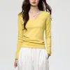 Camiseta de algodão penteado 40 fios, gola V profunda, manga longa para mulheres, novo estilo outono 2026, corte justo, versátil, ombro regular, blusa básica