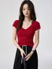 Camiseta 40s de Algodão Penteado Puro para Mulheres, Gola Redonda com Patch de Decote V Profundo, Mangas Curtas, Verão, Simples, Versátil, Emagrecedora, Top de Base