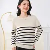 Nuevo Tejido de Punto Básico para Mujer de Algodón, Cuello Redondo, Manga Larga, Media Longitud, Rayas, Simple y Versátil, Holgado, Casual