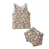 Conjunto de 2 Peças Verão Europeu e Americano para Meninos e Meninas com Estampa de Folhas e Letras, Regata + Shorts