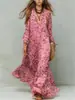 Vestido Longo de Chiffon com Estampa de Leopardo Boêmia 2026 Decote em V Profundo Fluido Bainha Larga Vestido Longo para Férias na Praia 10740