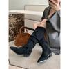 Retro Brown V-Mouth Heap Botas Médias Sapatos Femininos 2024 Primavera Outono e Inverno Botas Longas de Denim Ocidental Pontiagudo