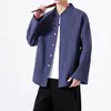 Cardigan V-neck Estilo Chinês Masculino Outono 2026 Algodão-linho Vintage Manga Longa Camisa Solta Casual Novo Top Estilo Chinês
