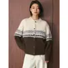 Cardigan de Lana Tejido Jacquard de Contraste Estilo Coreano de Moda Invierno Louvre Punto Fair Isle Top Holgado Cuello Redondo para Mujer