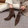 Botines Cortos de Tacón Alto Estilo Coreano para Mujer, Nuevos Botines Negros de Terciopelo Cálido con Piel de Oveja, Cierre de Cordones Frontales, Punta Puntiaguda, Tacón Grueso