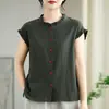 Camisa Artística Casual de Algodón y Lino para Mujer Verano 2026 Cuello Volante Camisa de Botones Manga Murciélago Elegante