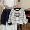 Moletom Infantil 2026 Bugatang Outono Novo Moletom Bordado de Desenho Animado para Meninos e Meninas, Suéter Listrado para Bebê Tendência