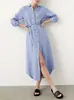 Comercio Exterior Transfronterizo Europeo y Americano Vestido Camisa de Punto Elegante Casual Holgado para Viajar con Botones y Cordones Vestido Falda Larga