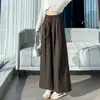 Calça larga de sarja com textura de bambu, imitando algodão e linho, para mulheres, novo estilo de outono, cintura alta, modelagem solta, casual, com fendas laterais, calça reta cropped