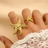 Anel de Aço Inoxidável Estrela do Mar Dourada Europeu e Americano Anel Aberto de Aço Titânio Nicho Joia de Alto Padrão Estilo Oceano Feminino