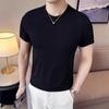Camiseta Listrada de Verão Estilo Coreano Jovem Slim Gola Redonda Masculina Tendência Seda de Gelo Apertada Elástica Fina Manga Curta