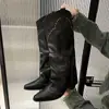 Botas Western de Cowboy Femininas 2026 Nova Coleção Primavera e Outono Bico Fino Salto Bloco Botas Longas Vintage, Botas Longas de Cavaleiro Estilo Rua