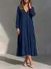 Amazon transfronterizo europeo y americano 2026 otoño e invierno nuevo vestido largo de manga larga con cuello en V para mujer, vestido largo casual holgado