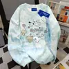 Moletom Redondo Azul Tie-Dye Estampado Criativo Estilo Americano Preguiçoso e Fofo para Mulheres Outono e Inverno Versátil Desenho Animado Estilo Preppy