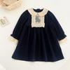 Vestido bordado de coelho com gola de boneca para meninas, primavera e outono, estilo coreano, manga comprida, azul marinho, lapela, vestido de princesa, moda elegante
