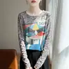 Camiseta básica estampada transfronteriza para mujer, camiseta de manga larga, holgada y favorecedora, tejido ligero de Lyocell, cuello redondo, versátil para primavera y verano