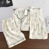 Conjunto de Pijama de Tres Piezas Simple Casual de Nube Verano Nuevo Manga Corta Shorts Pantalones Largos Ropa de Casa Delgada Verano Lindo