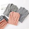 Conjunto de Pijama de Algodón Delgado de Verano para Pareja, Manga Corta Pantalón Largo, Algodón Lavado Estilo Japonés Cuadros Cardigan Cuello Solapa Ropa de Casa