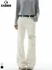 Muxi Roupas Estilo Americano Tendência Vibe Preta Cadarço Calça Flare Jeans de Trabalho para Homens Cleanfit Calças Slim-Fit