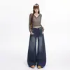 Jeans rectos de pierna ancha para mujer, diseño retro azul con estampado de bambú, estilo nuevo y elegante, corte ajustado, largo hasta el suelo, 2026