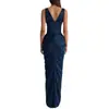 Vestido de Festa com Decote em V Profundo e Cintura Marcada com Estrutura de Peixe, Estilo Minimalista Francês de Alto Padrão, Vestido Longo de Cetim Liso com Pregas, Sexy para Mulheres