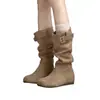Botas Altas Vaqueras Planas Versátiles de Ante Vintage 2026 Otoño/Invierno Adelgazantes de Punta Redonda para Mujer con Diseño Fruncido