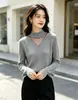 Suéter de duas peças para mulheres, com gola semi-alta, feito de fio cardado de lã, novo estilo outono e inverno, com top de tricô vazado em rede.