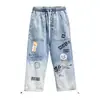 Jeans para Hombre Marca de Moda Rap Hip Hop Pierna Recta Pierna Ancha Pantalones Graffiti Dibujos Animados De Moda Gradiente Pierna Suelta Pantalones Harem