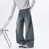 Calça jeans curva com bainha lavada, cortada e plissada, estilo americano, para homens e mulheres, calça de trabalho estilosa e moderna, calça de perna reta e perna larga