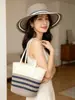 Sombrero de Paja Transfronterizo Bolso de Paja Set de Dos Piezas Sombrero para el Sol Gran Capacidad Bolso Tote Rayado Bolso de Hombro Bolso de Playa Tienda de Fábrica