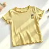 Camiseta fina de manga curta para meninas, T-shirt de renda dopamina canelada de seda gelada, novo estilo de verão 2026 para crianças