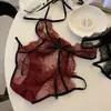 Rojo Año Nuevo Estilo Japonés Bloques de Color Encaje Sexy Lazos Cruzados Huecos Cintura Baja Lazo Calzones de Mujer Modelo Nuevo