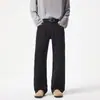 Jeans boca de sino preto cleanfit estilo de rua americano para homens, outono e inverno, corte solto, modelagem que afina, perna reta, calças compridas