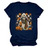 Amazon eBay Tienda Independiente Moda Casual Única Camiseta de Cuello Redondo para Mujer Fantasma Calabaza Hoja de Arce Taza de Té con Leche