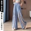 Calça Xadrez de Perna Larga para Mulheres, Estilo Fino de Verão, Nova Moda 2025 com Renda Costurada, Comprimento Estendido, Calça de Verão Leve e Fresca