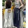 Calça esportiva de secagem rápida, estilo de rua, corte solto, com novo design para o início do outono, para mulheres, listrada, casual americana, cintura alta, bordada, perna larga