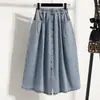 Foto Real de Nueva Falda Vaquera Vintage Talla Grande con Cintura Elástica, Falda de Mujer de Longitud Media Adelgazante con Abertura Diseño Línea A
