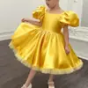 Vestido de Princesa Retro con Mangas Abullonadas para Niña Pequeña Textura de Satén Vestido de Escenario para Actuación de Piano Transfronterizo Europeo y Americano
