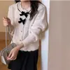 Estilo Coreano 2025 Primavera y Otoño Nuevo Estilo Pequeño Lazo Fragante Suéter Suave y Ceroso Cárdigan para Mujer Encaje Botón de Corazón Chaqueta de Punto