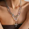 Juego de Cuatro Piezas de Collares de Cruz con Perlas Incrustadas de Diamantes Transfronterizos Europeos y Americanos, Cadena Clavicular de Lujo Ligero Retro, Joyería de Cuello de Gama Alta de Nicho para Mujeres