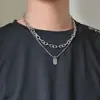 Ins Hip-Hop Genial Moderno Letra Cuadrado Marca Cadena de Suéter Celebridad Cibernética Cadena de Doble Capa Collar de Pareja para Hombres y Mujeres Cadena Fría para el Cuello
